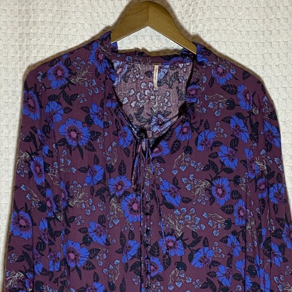 Free People Plum Purple Blouse Blue Floral Tunic Bell Sleeves Boho Size L - Picture 2 of 9